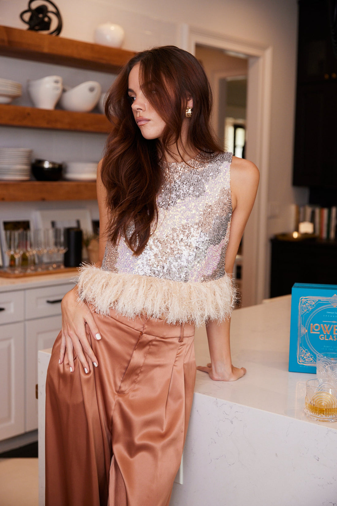 SALE - Leona Feather Trim Sequin Top