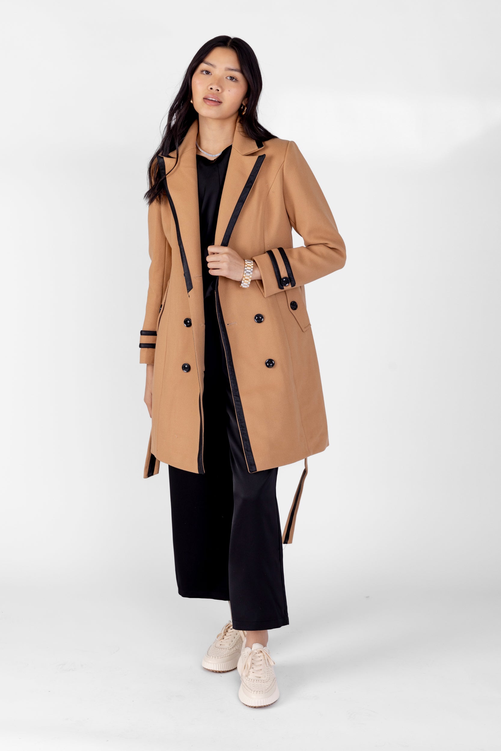 SALE - Reggie Leather Trimmed Belted Coat