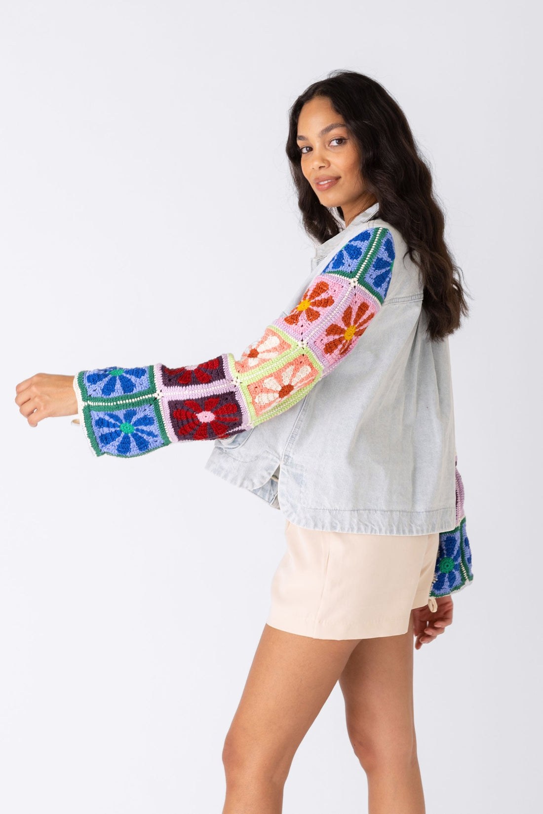 Young Love Crochet Sleeve Denim Jacket