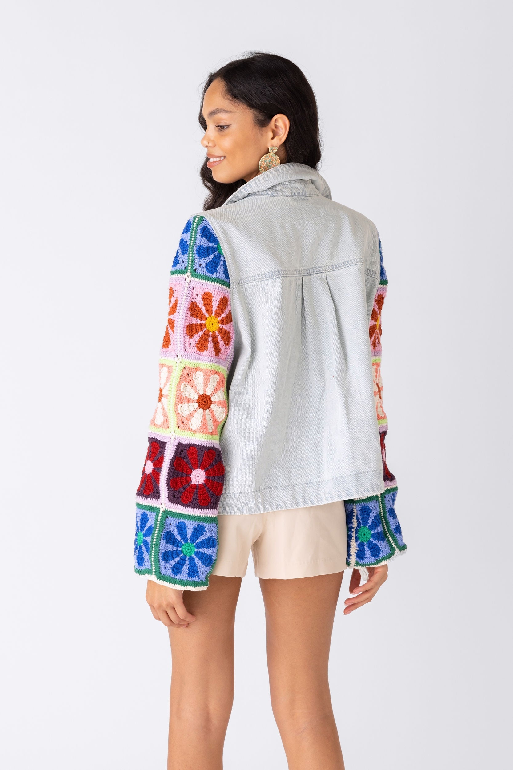 Young Love Crochet Sleeve Denim Jacket