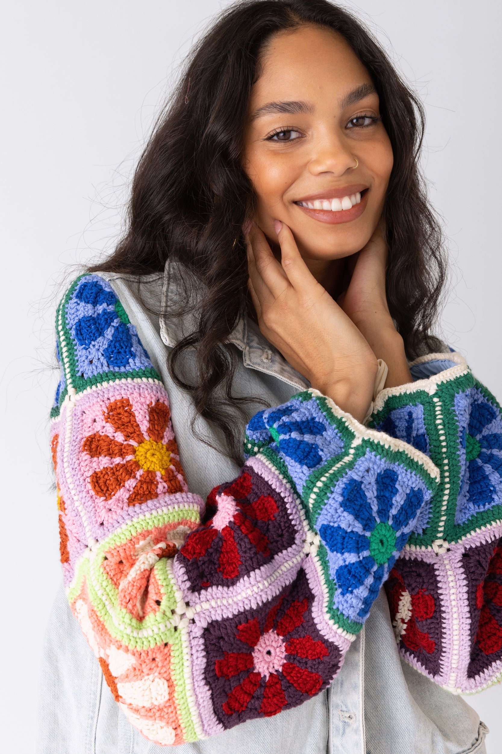 Young Love Crochet Sleeve Denim Jacket