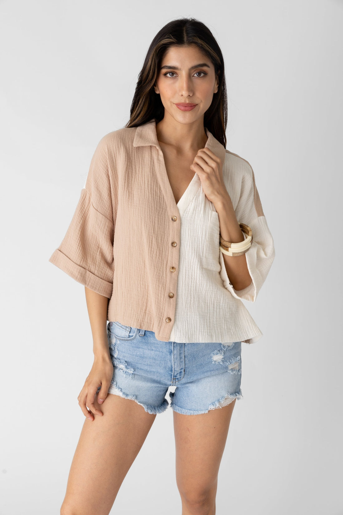 Eleanor Cropped Color Block Button Down Top