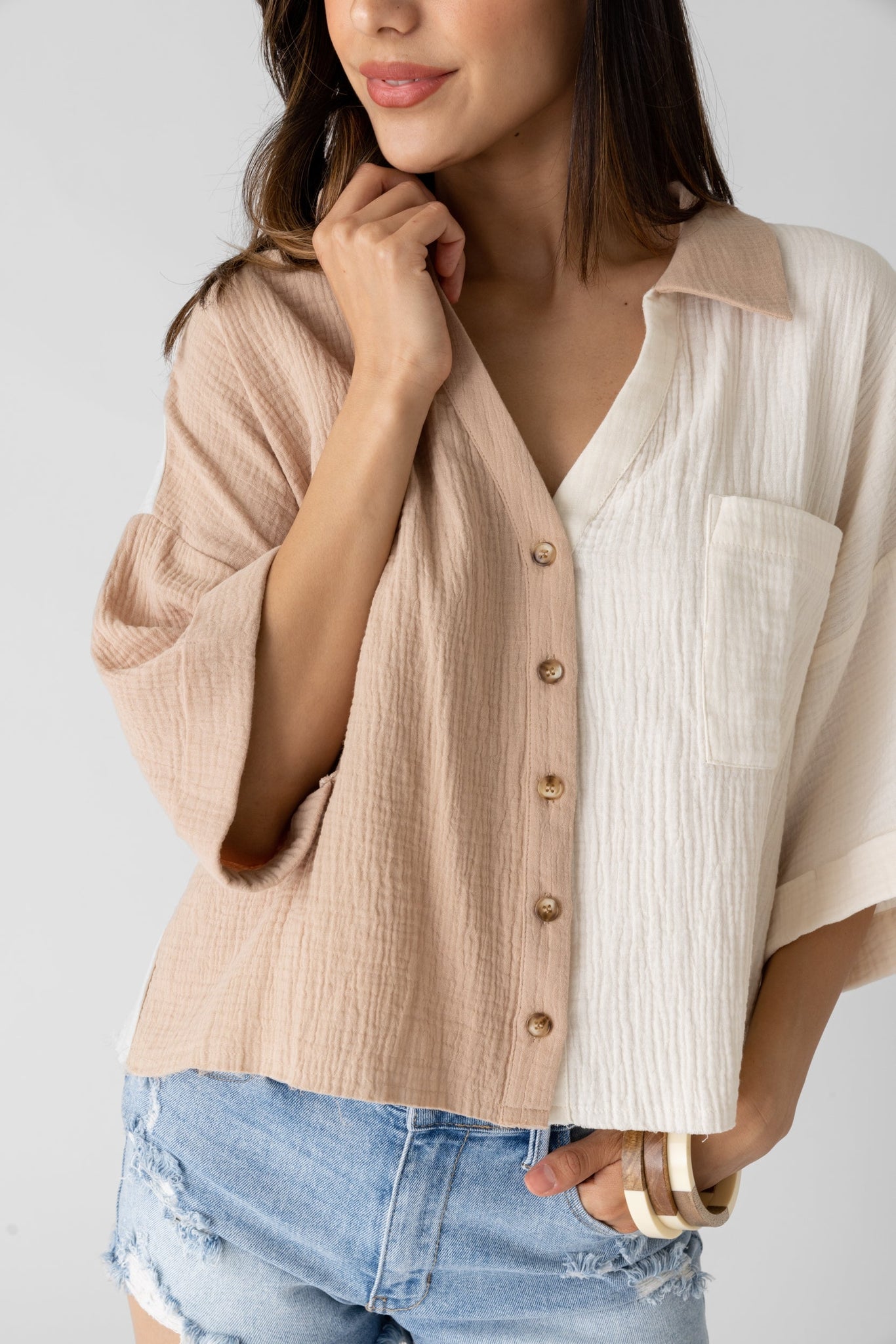Eleanor Cropped Color Block Button Down Top