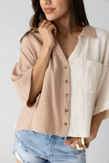 Eleanor Cropped Color Block Button Down Top