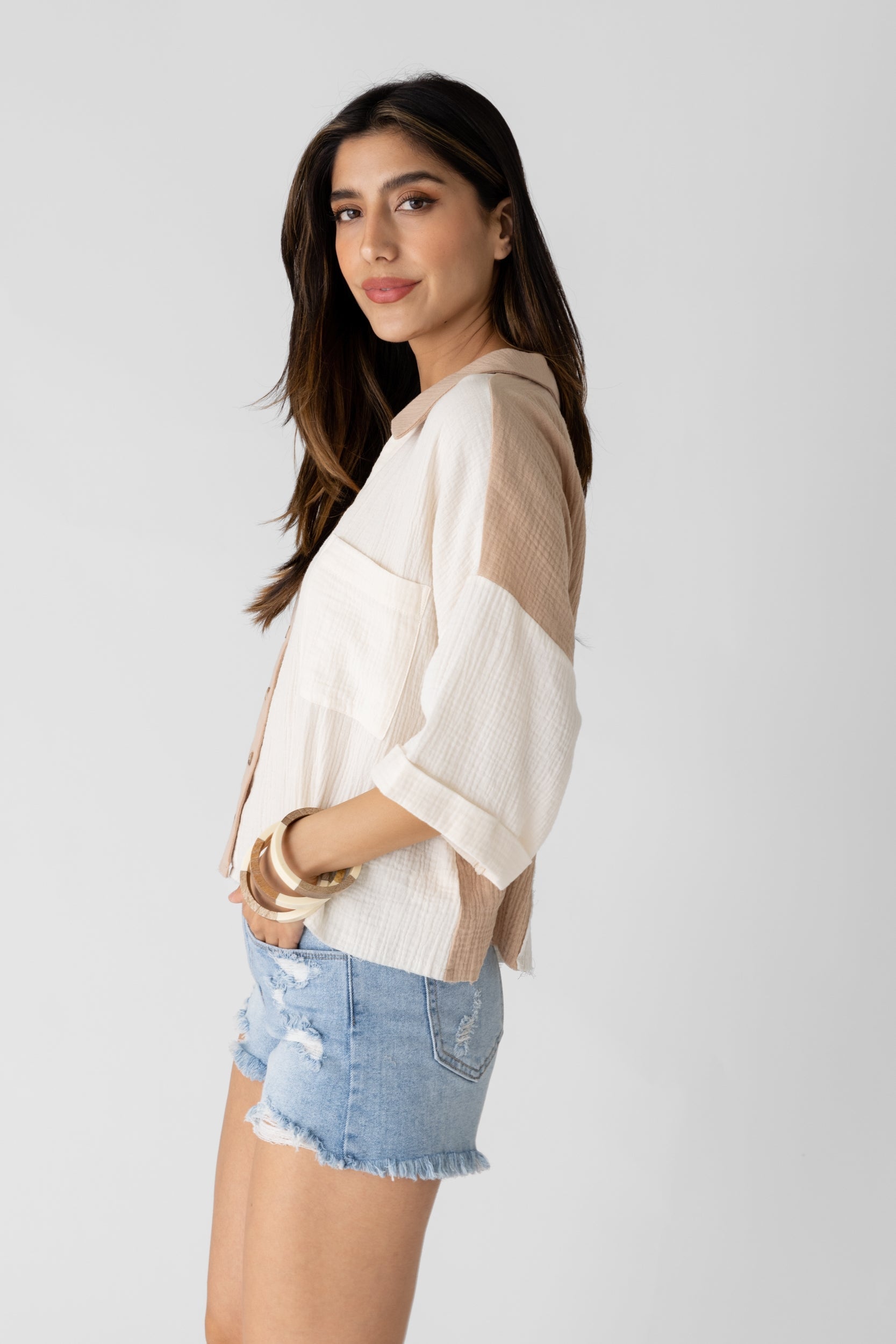 Eleanor Cropped Color Block Button Down Top