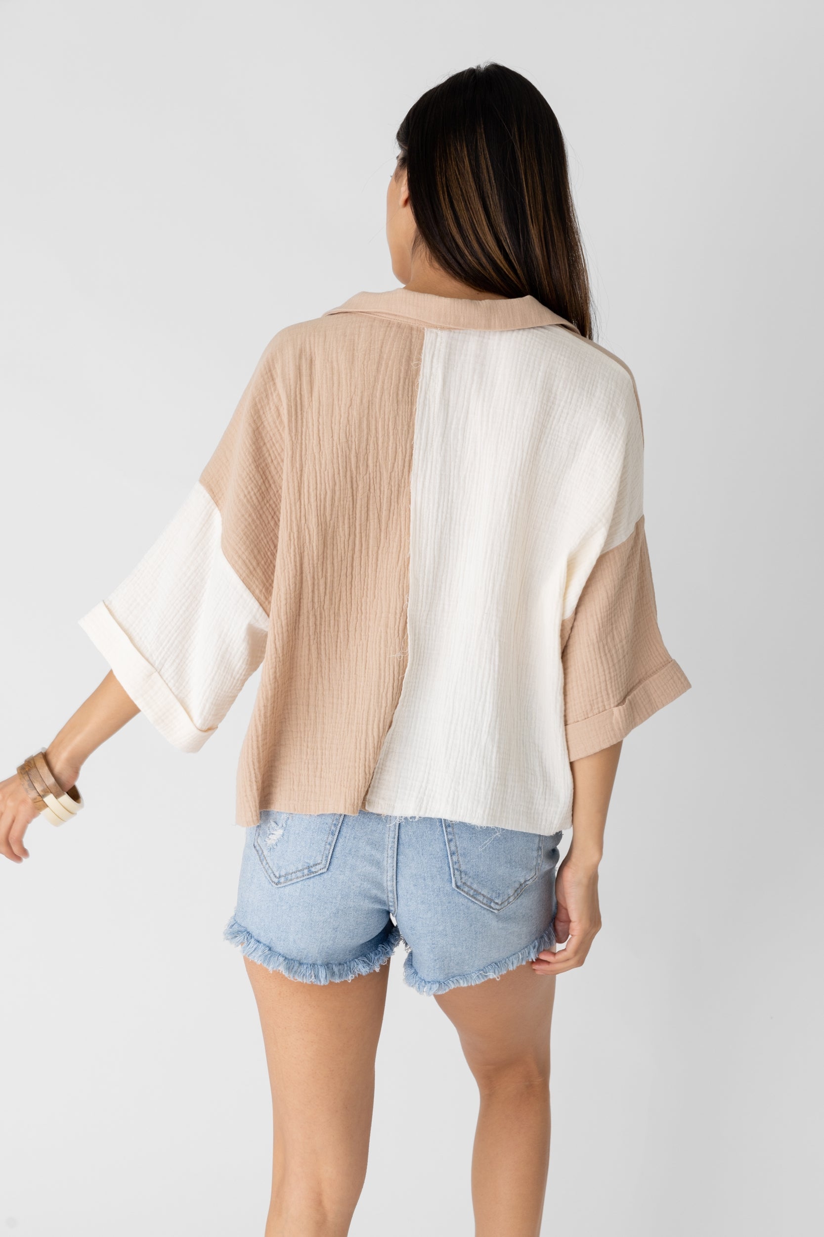 Eleanor Cropped Color Block Button Down Top