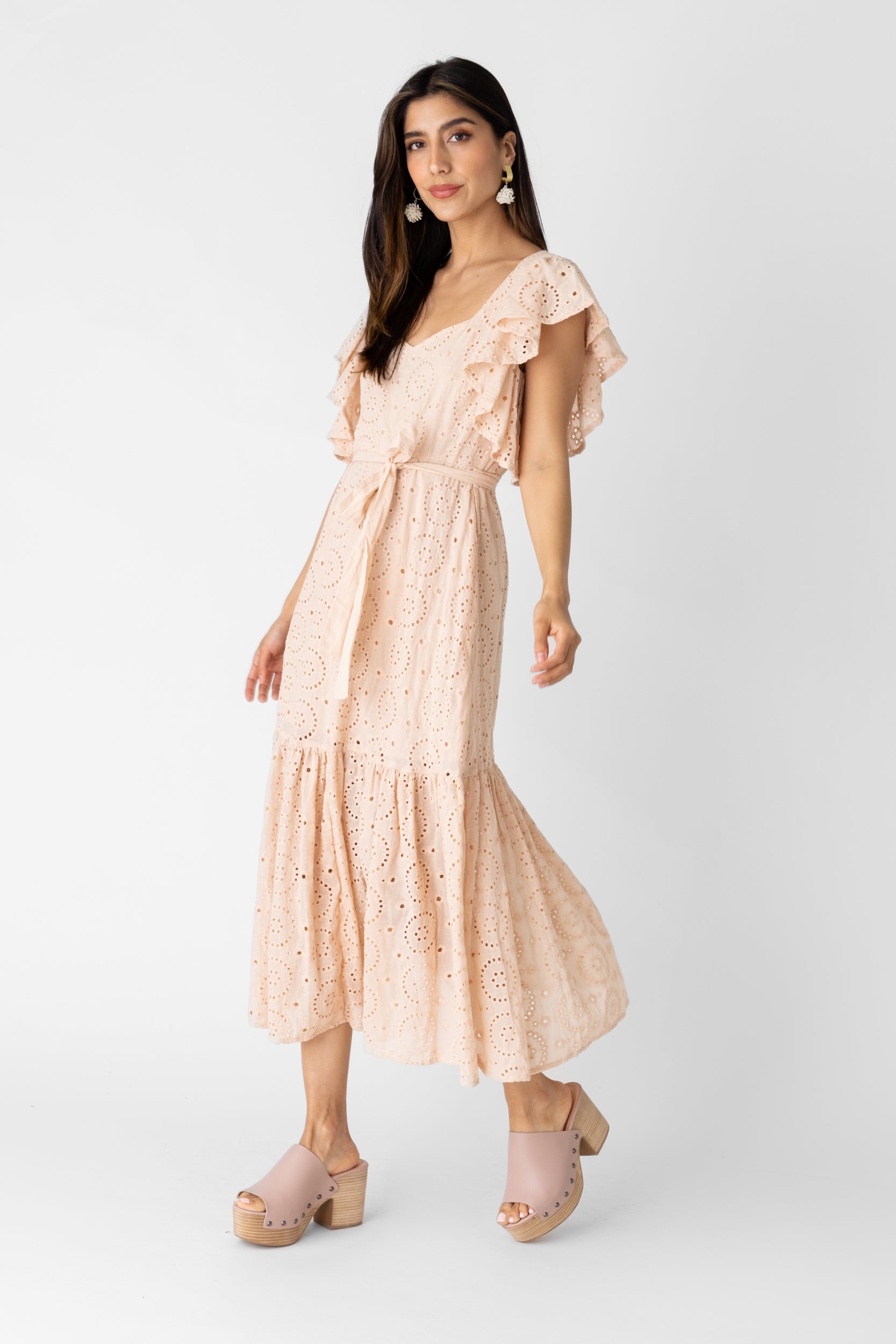 Bianca Eyelet Ruffle Sleeve Maxi Dress - L - CORAL