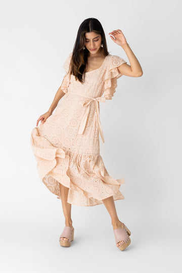 Bianca Eyelet Ruffle Sleeve Maxi Dress - L - CORAL