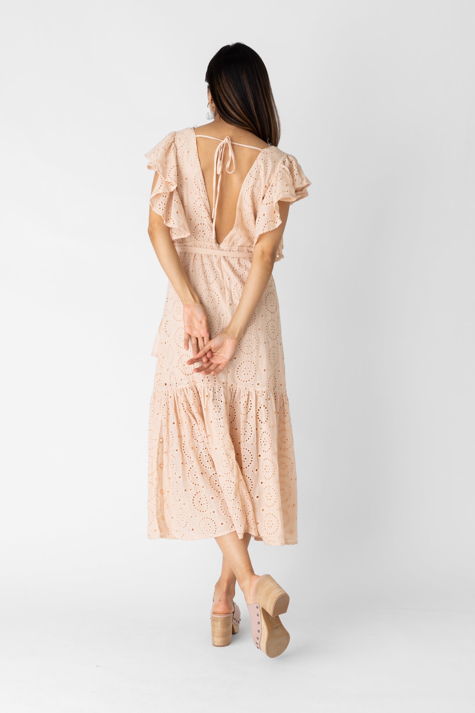Bianca Eyelet Ruffle Sleeve Maxi Dress - L - CORAL