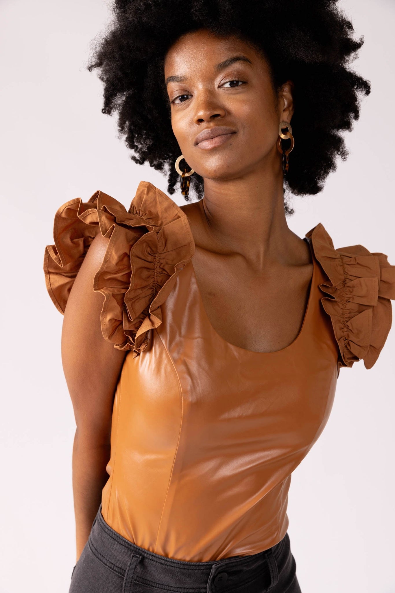 Cora Leather Ruffle Bodysuit