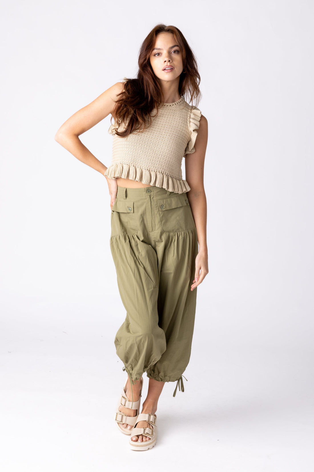 Lenny Ruffled Crochet Knit Top - L - taupe