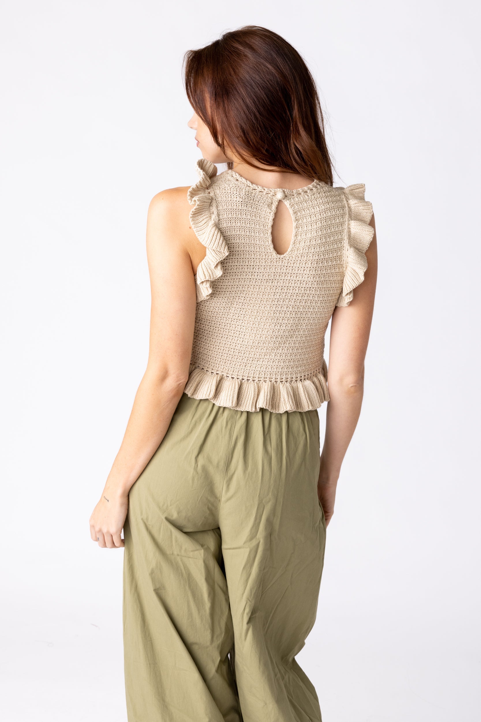Lenny Ruffled Crochet Knit Top - L - taupe