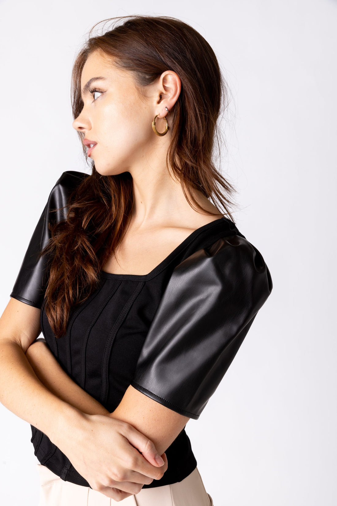 SALE - Zoya Leather Sleeve Corset Top