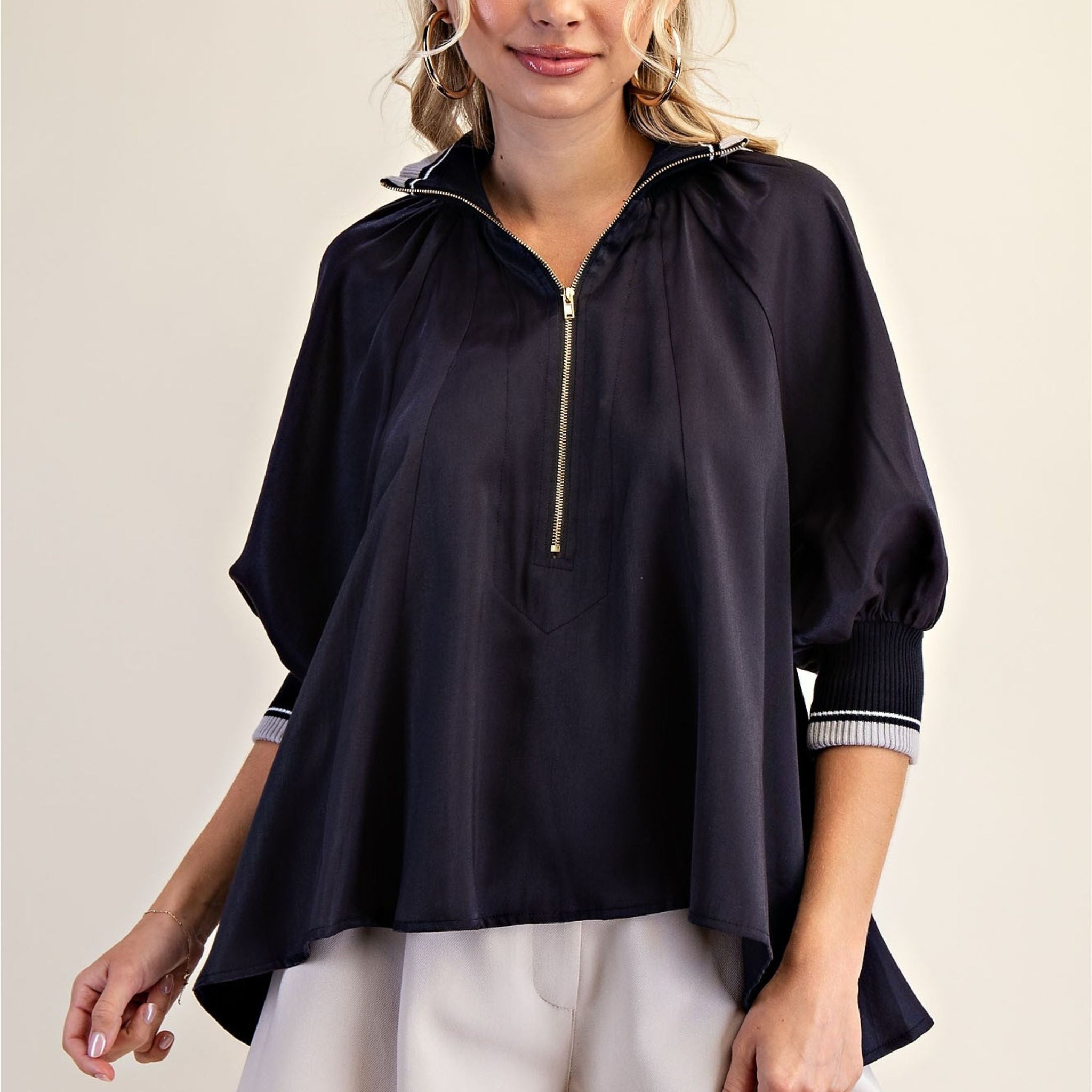 Greer Mock Neck Band Puff Sleeve Blouse