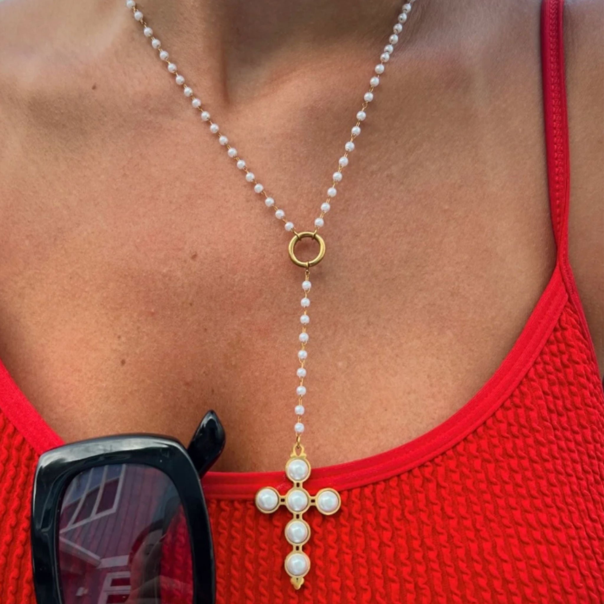 Lariat Pearl Cross Necklace