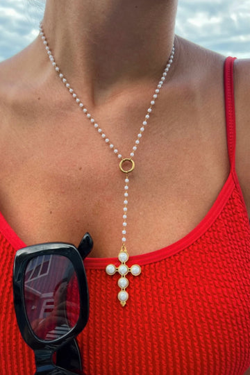 Lariat Pearl Cross Necklace