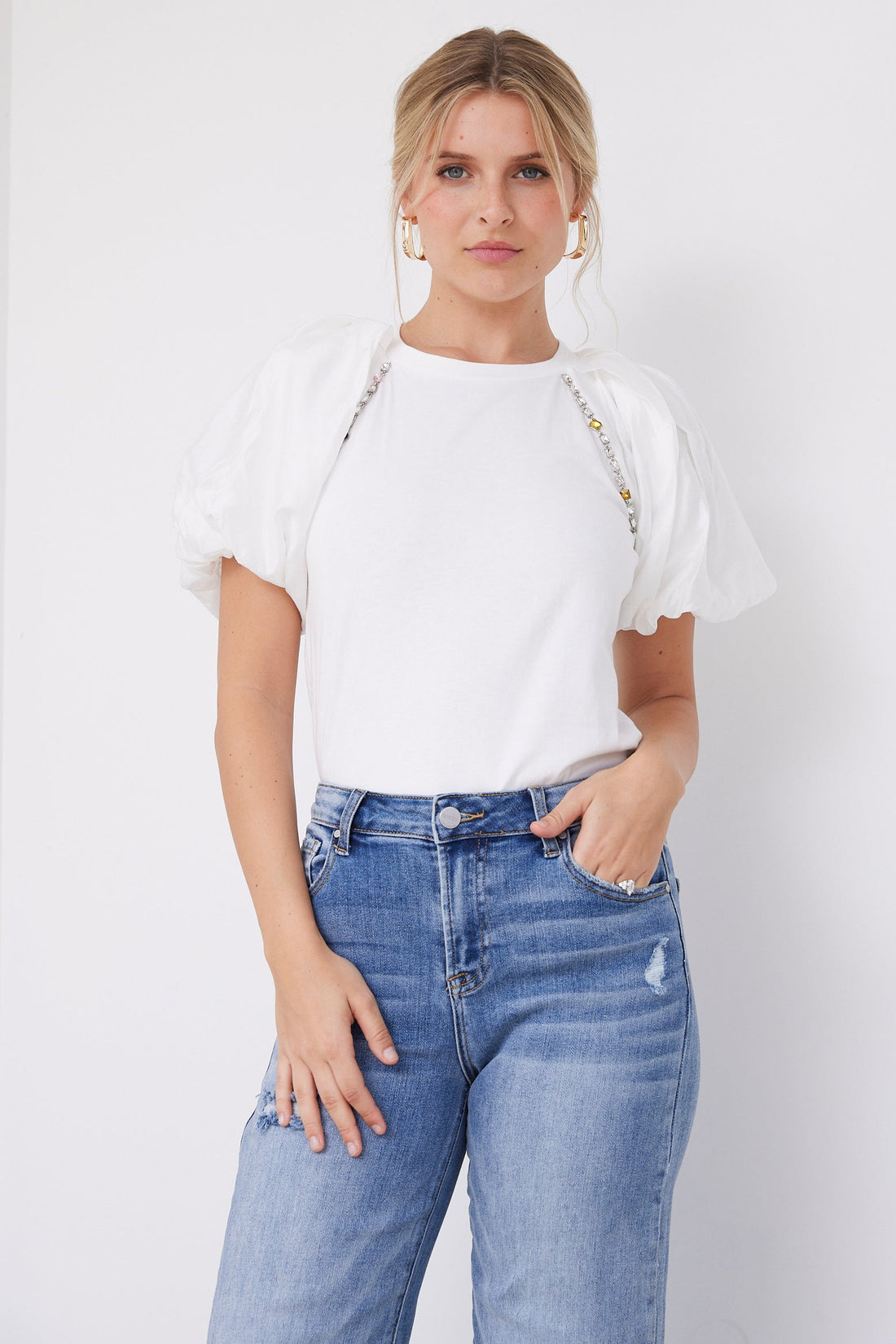 Cleo Rhinestone Detail Puff Sleeve Top