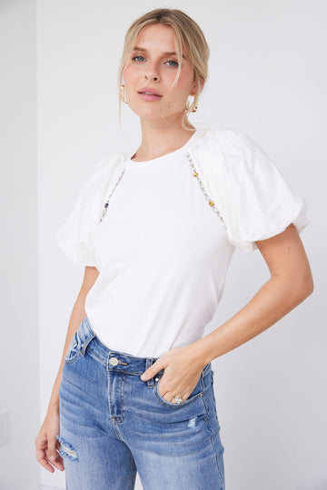 Cleo Rhinestone Detail Puff Sleeve Top