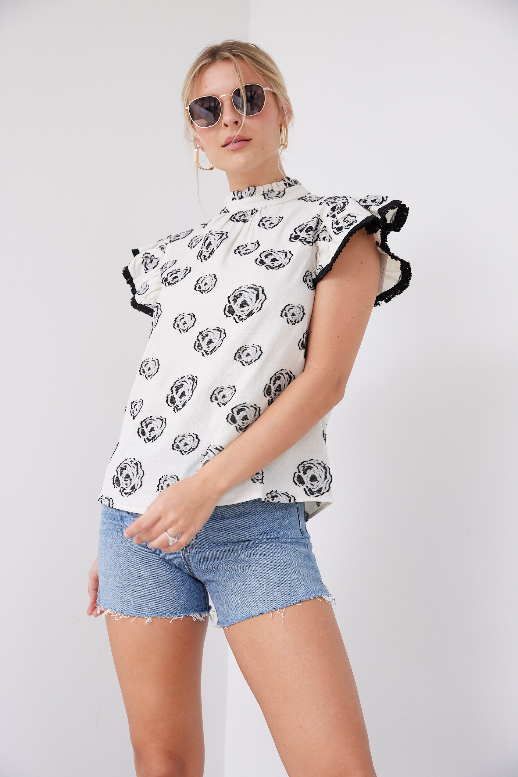 SALE - Davis Fringe Ruffle Sleeve Floral Top