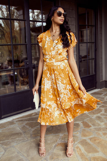 Ames Floral Print Pleated Midi Dress