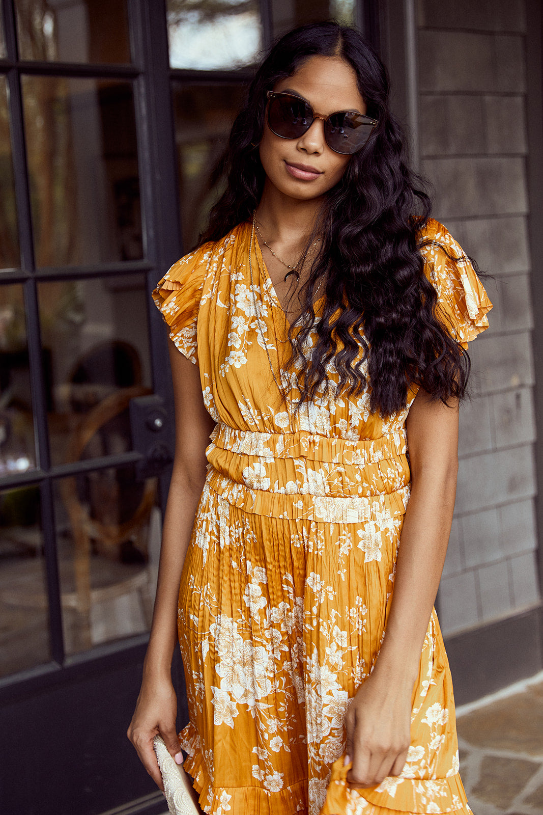 Ames Floral Print Pleated Midi Dress