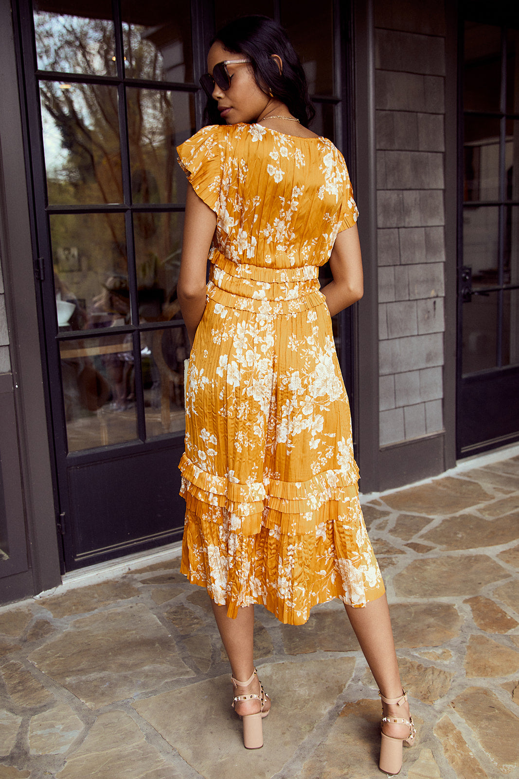 Ames Floral Print Pleated Midi Dress
