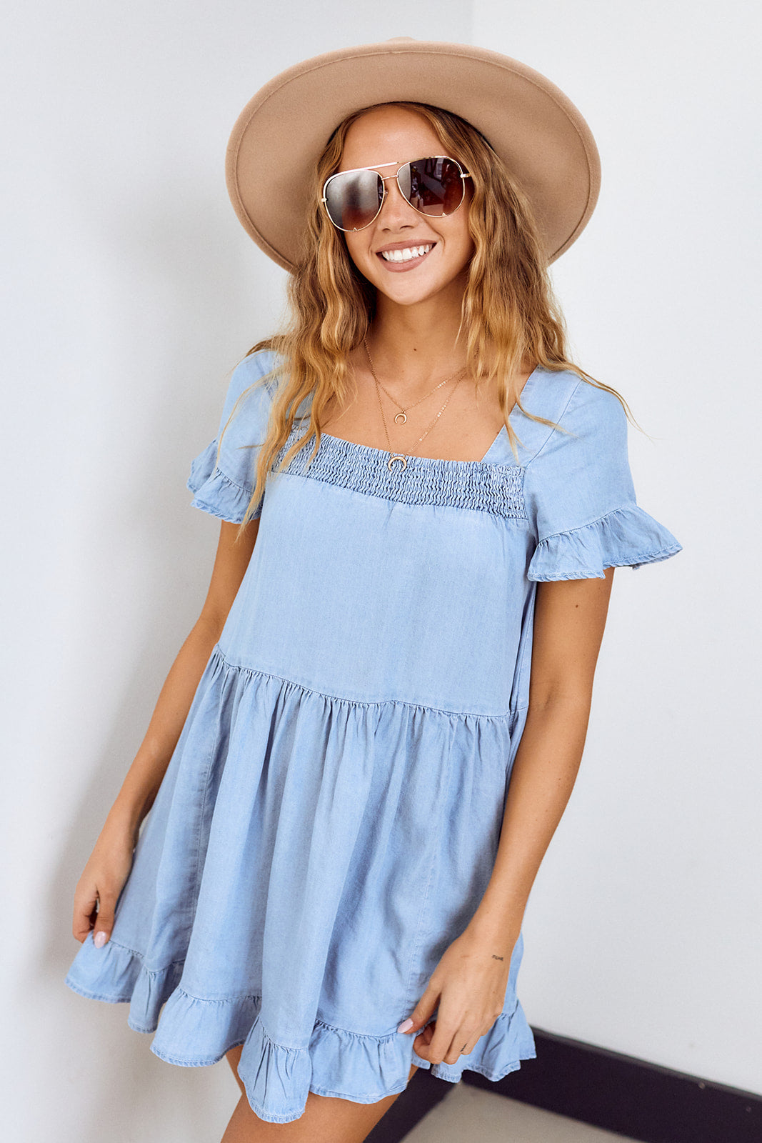 Barra Denim Ruffled Sleeve Mini Dress