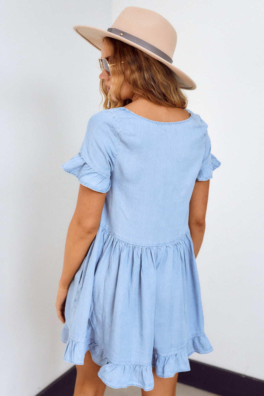 Barra Denim Ruffled Sleeve Mini Dress