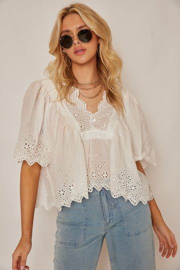 Lula Eyelet Flutter Sleeve Blouse