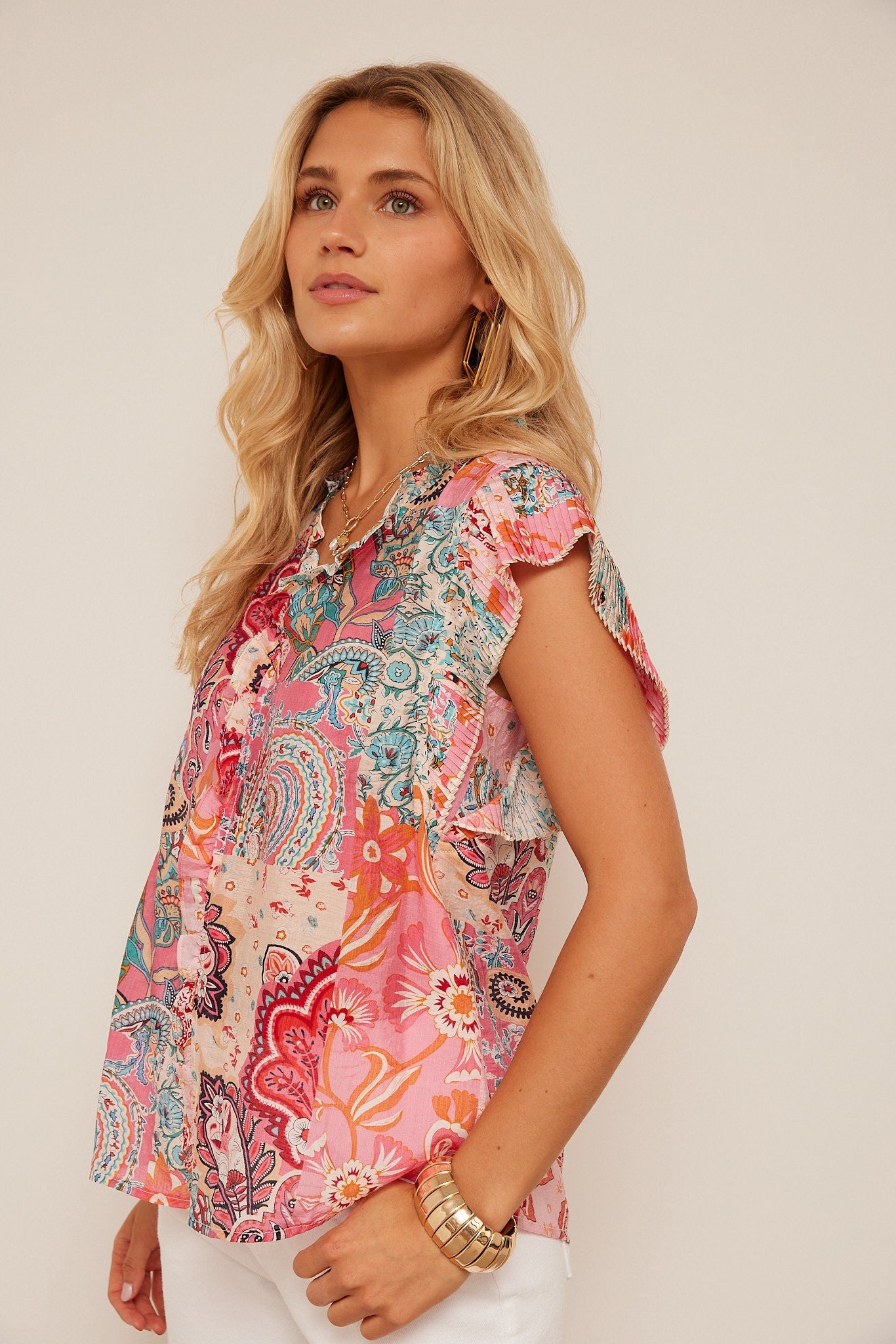 Libby Pleated Sleeve Paisley Button Up Top
