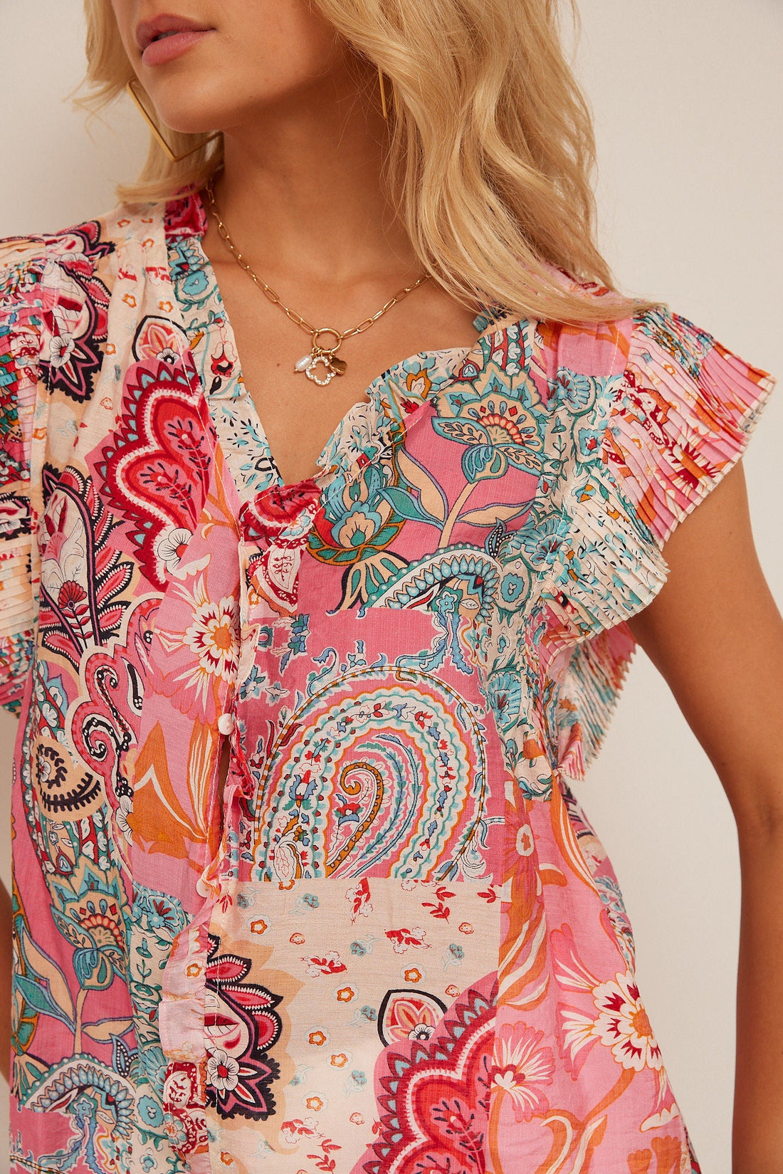 Libby Pleated Sleeve Paisley Button Up Top