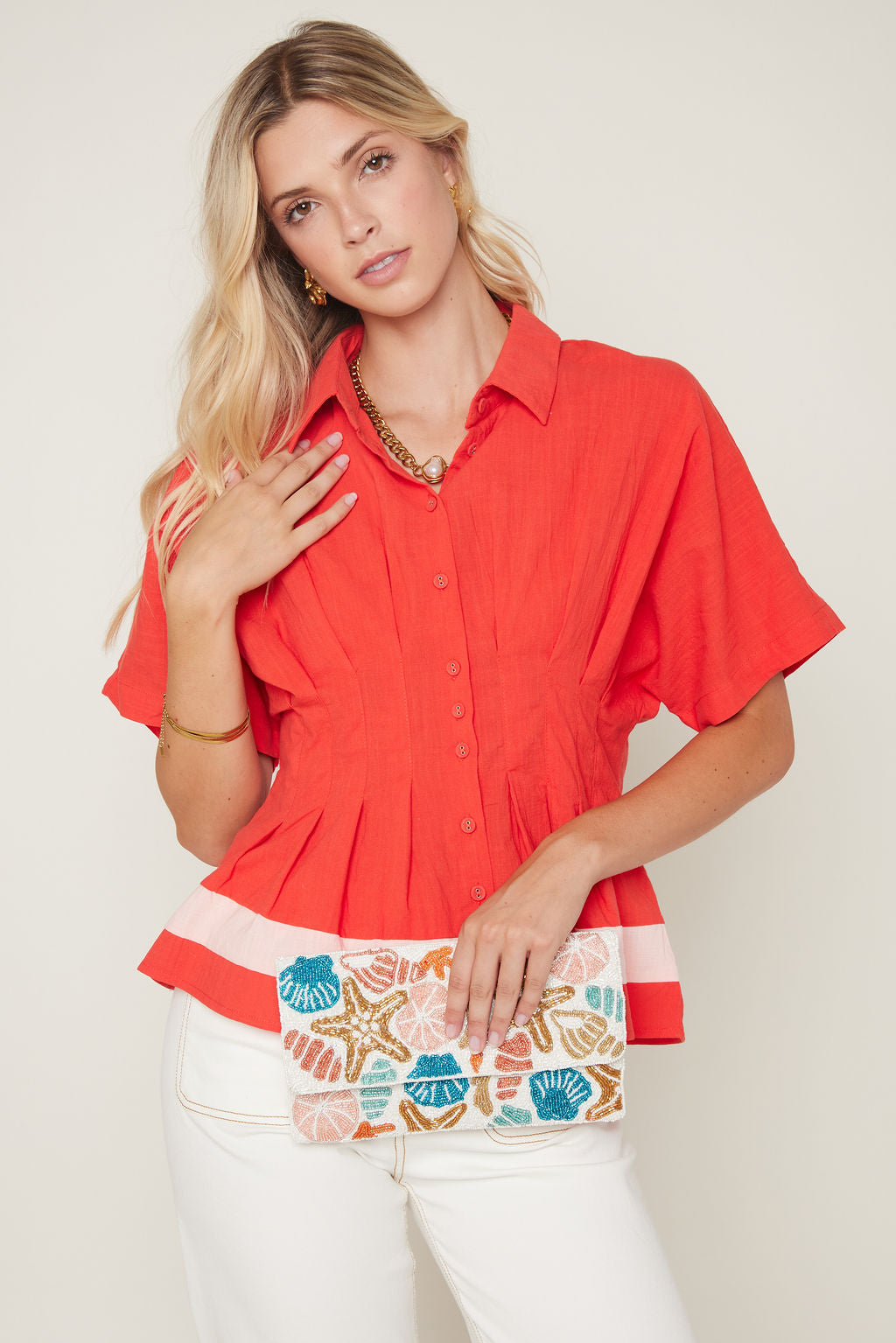 Wren Color Block Collared Button Down Top