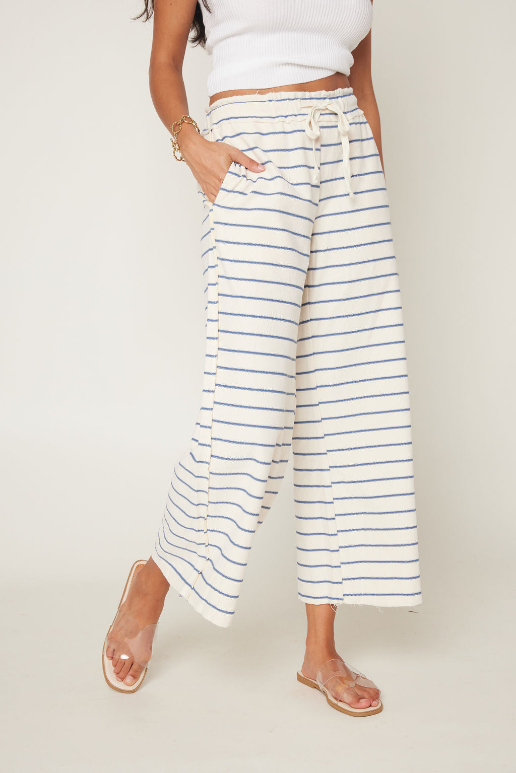 Olive Stripe Knit Fabric Wide Leg Pants