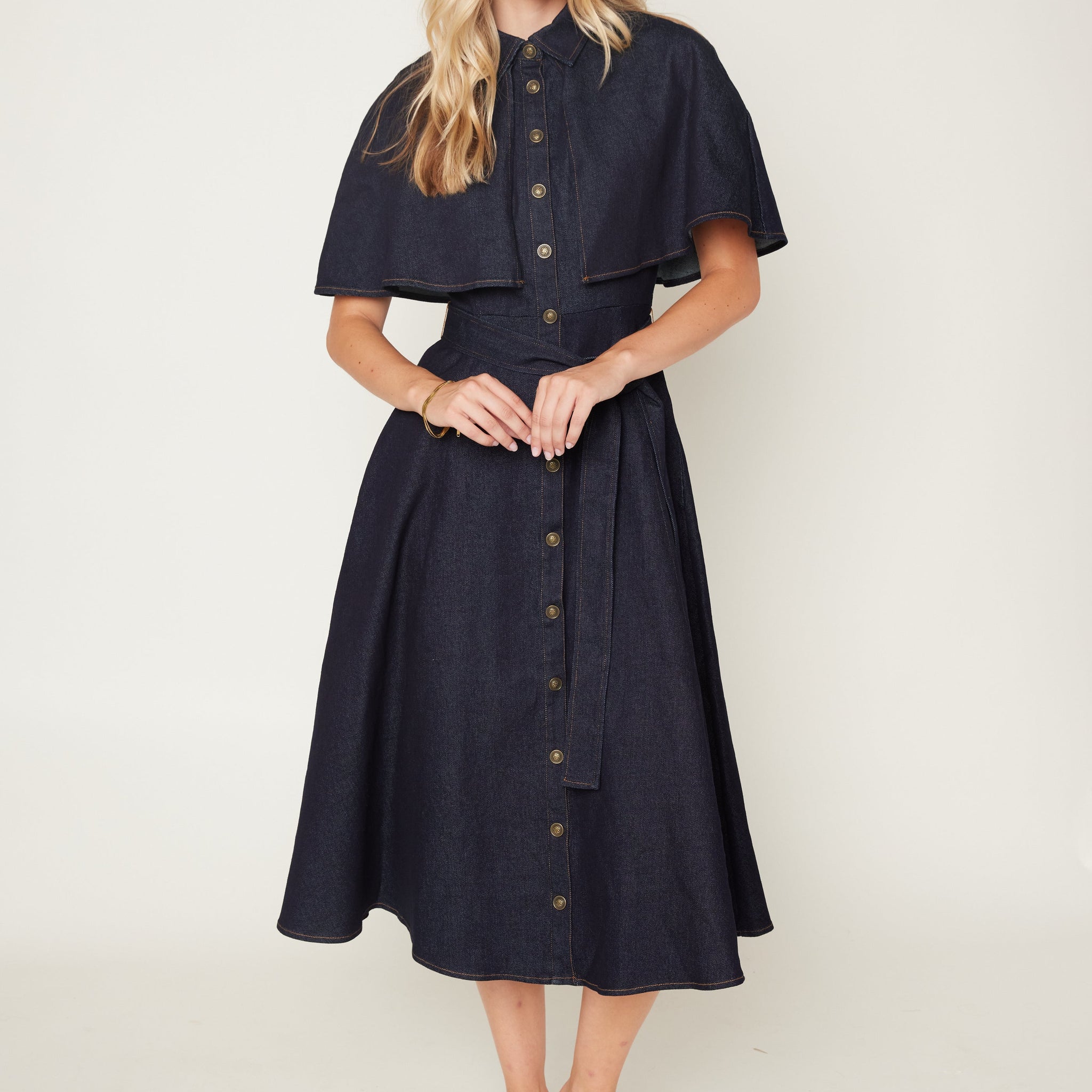 Sallie Denim Midi Dress with Cape