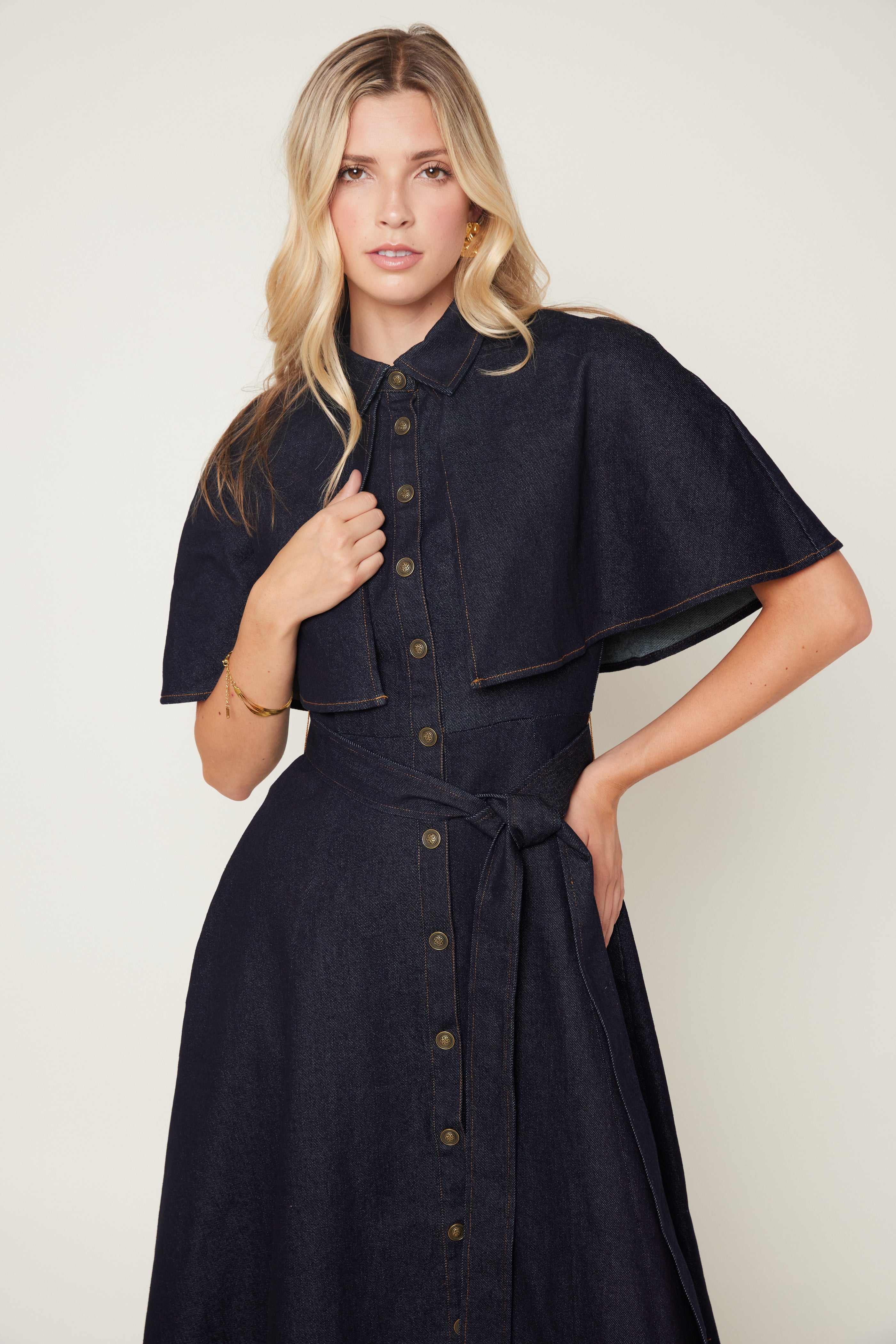 Sallie Denim Midi Dress with Cape