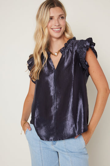 Ray Smock and Ruffle Detail Metallic Woven Top