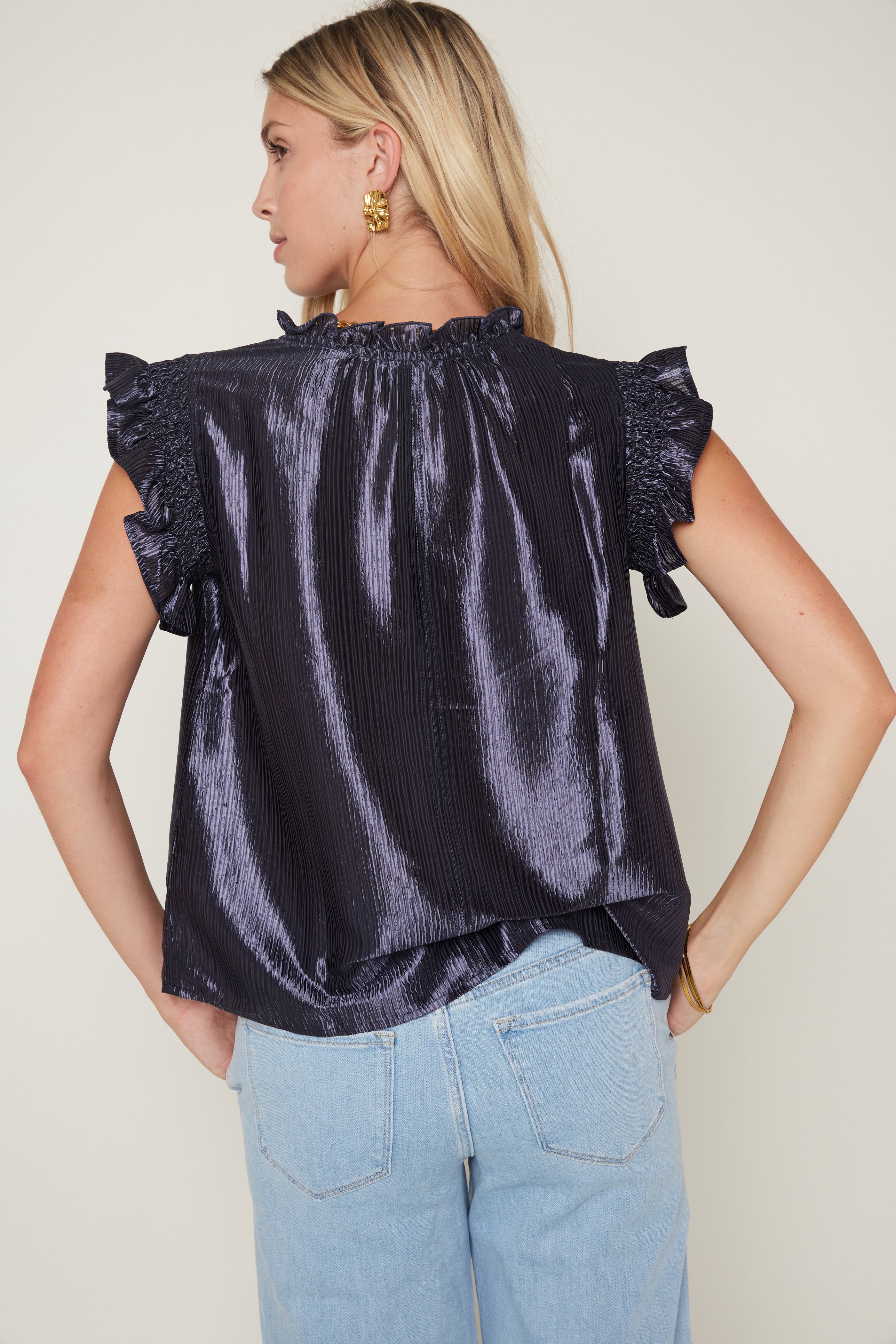 Ray Smock and Ruffle Detail Metallic Woven Top