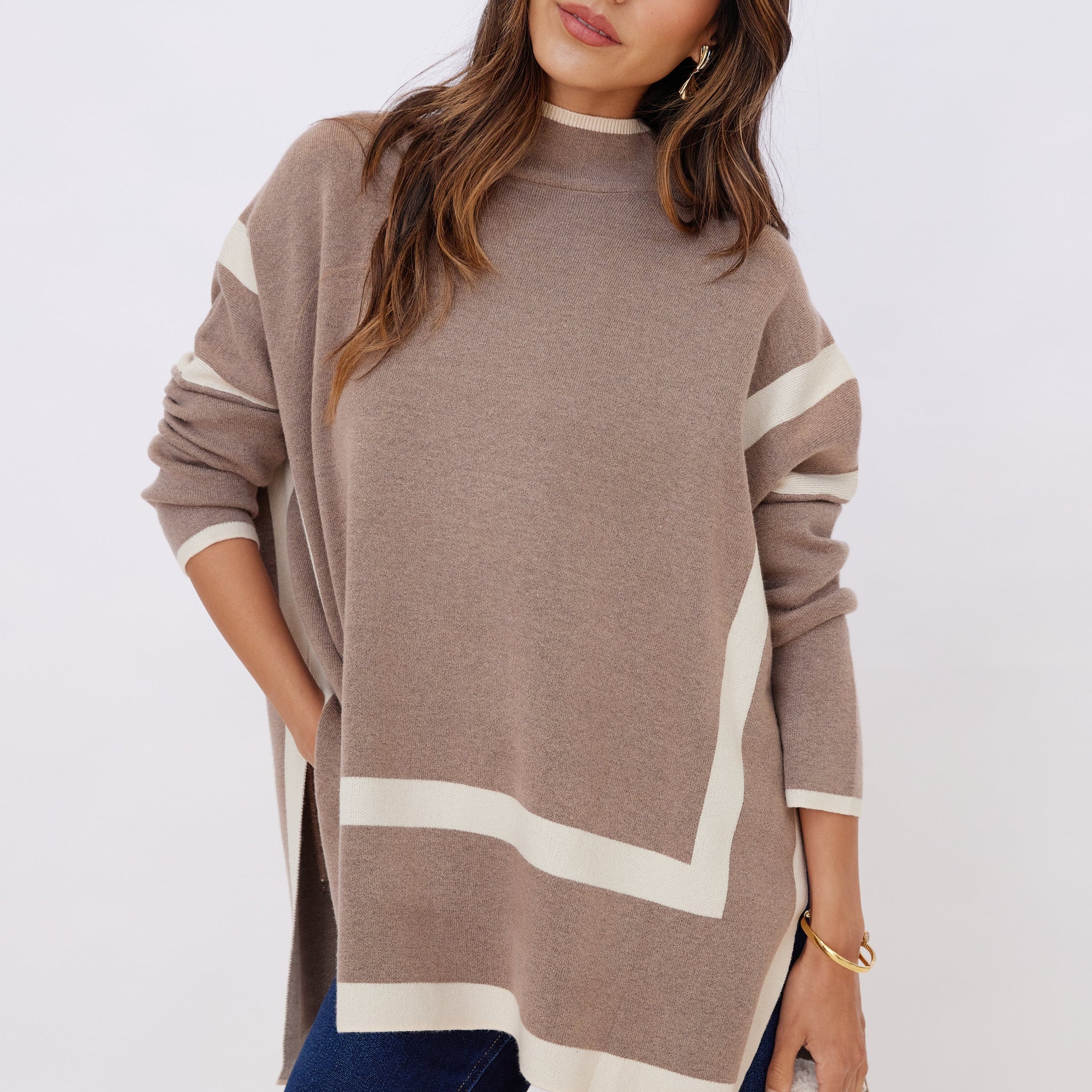 Helen Two Tone Long Sleeve Mock Neck Sweater
