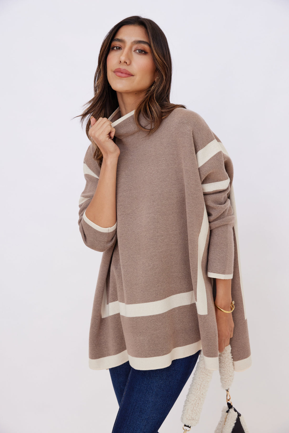 Helen Two Tone Long Sleeve Mock Neck Sweater