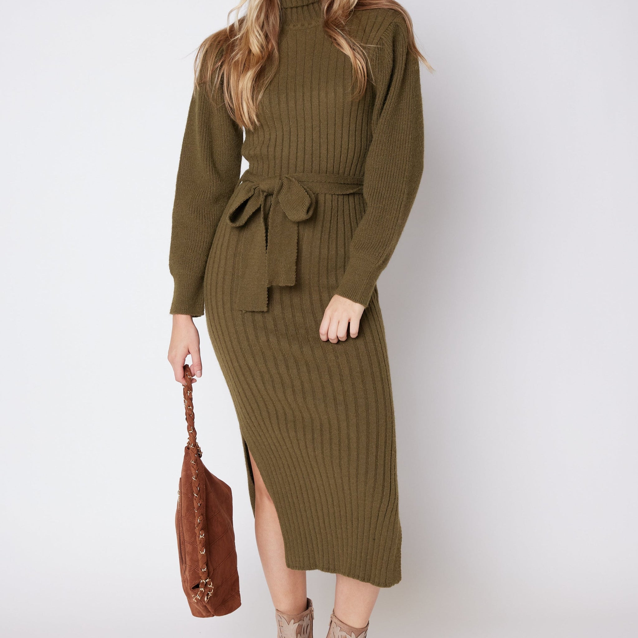 SALE - James Turtleneck Tie Waist Sweater Dress