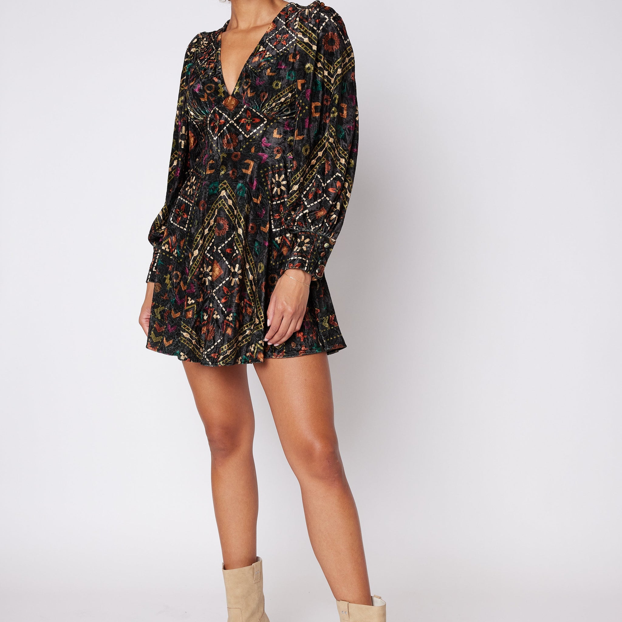 SALE - Wells Printed Velvet Long Sleeve Dress
