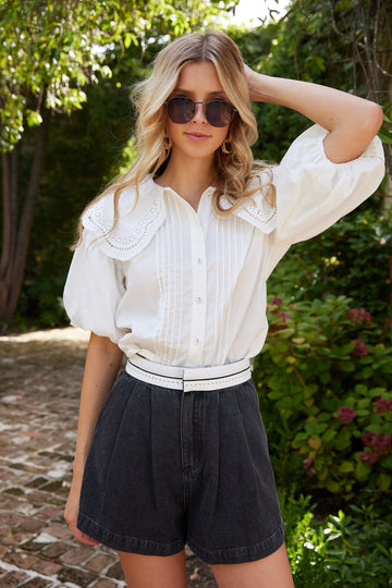Ally Embroidered Collar Puff Sleeve Blouse