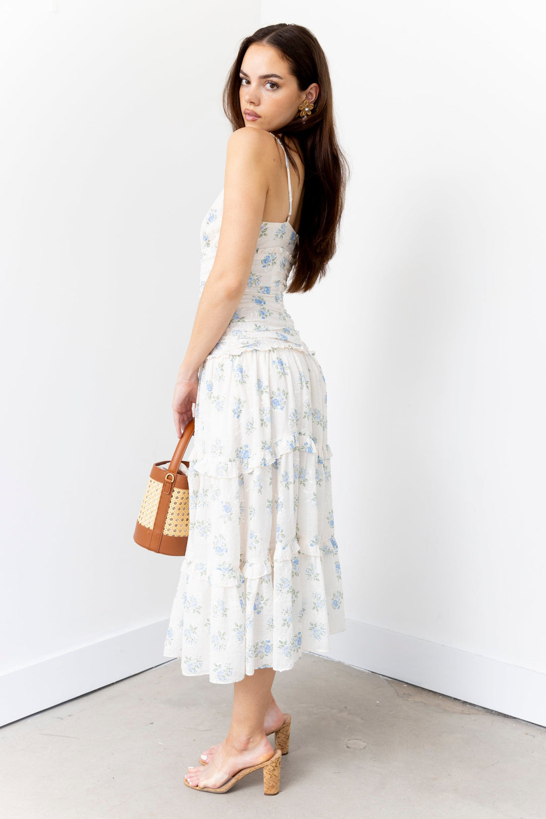 Kendra Ruched Bodice Floral Midi Dress