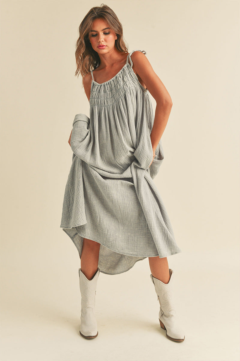 SALE - Selah Chambray Shoulder Tie Midi Dress